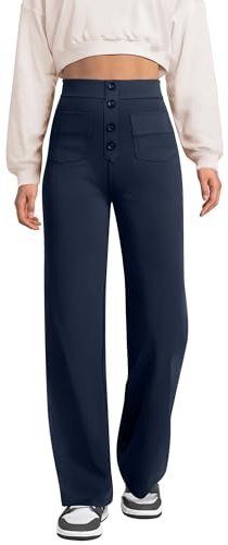 keriffe Pantalones de pierna recta para mujer, cintura alta, con botones, elásticos, para negocios, trabajo, casual, múltiples bolsillos