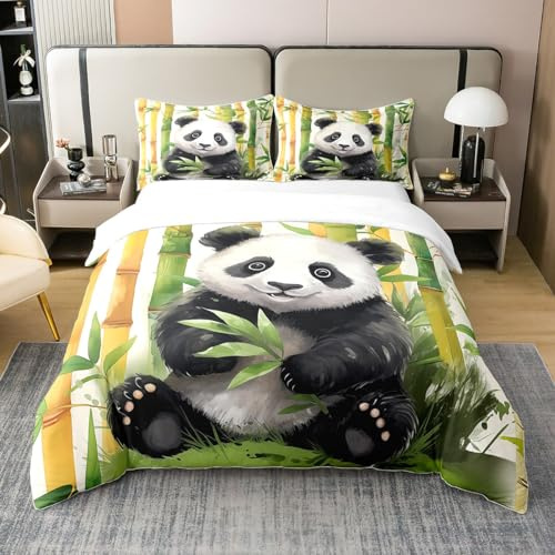 Homewish Watercolor Panda Housse de Couette Coton Garçons Filles Adolescents Bambou Vert Parure de Lit 220x240 Ensemble de Literie Panda Mignon Ensemble de Linge de Lit pour Animaux Noir Blanc