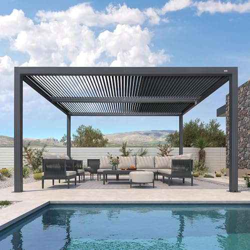 PURPLE LEAF Pergola Bioclimática 4,6 x 3,3 m Pérgola Aluminio Cuchillas Orientables Superficie 15,18 m² Cenador de Jardín Pérgola Jardín Exterior Terraza Exterior, Gris