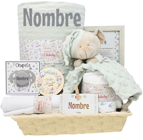 Mababyshop Menta - Cesta de Bebé Personalizada con Manta Burbujas Bordada, Dou Dou de Apego y Chupete Personalizado - Regalo Ideal para Recién Nacidos