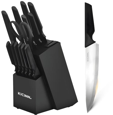 Kicinn Juego de cuchillos - Bloque de cuchillos - Utensilios de cocina - Soporte para Cuchillos - 14 Piezas - Incluye Tijeras y Afilador de Cuchillos (Plata)