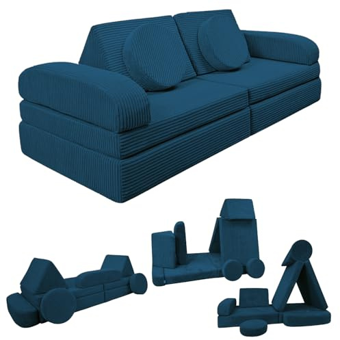 Izabell® Divano modulare per bambini e divano da gioco - Divano creativo in morbido velluto a coste con protezioni impermeabili, perfetto per giocare e come letto per bambini (blu marino)