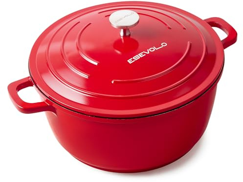 ESEVOLO Casseruola in ghisa a induzione 28 cm, pentola rotonda 6,3 l, in ghisa di alluminio, con rivestimento in ceramica antiaderente, pentola con coperchio, ideale per zuppa, stufati, pane, forno e