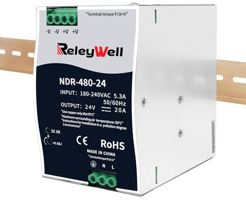 Fuente de alimentación carril DIN 24V,480W, 20A; transformador 230v a 24v led, carril DIN, fuente de alimentación 24 voltios, transformador campana, ReleyWell, NDR-480-24