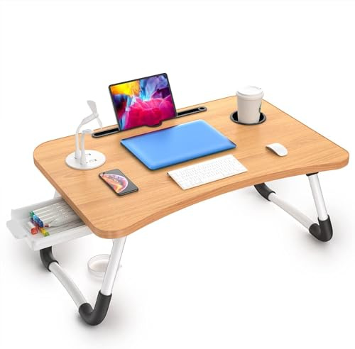 Laptop Table with USB Ports, Elekin Laptop Standing Desk for Bed, Portable Bed Tray, Lap Desk with Cup Holder for Writing, Reading, Working on Bed/Couch/Sofa(wood)