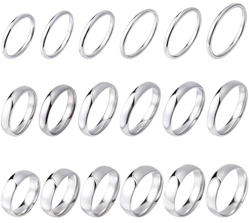 SUNNYCLUE 1 Box 18pcs Silver Band Rings Set Silver Ring Stack Us Size 5/6/7/8/9/10/11 Stainless Steel Color 2mm 4mm 6mm Wide Finger Stacking Band Rings Bulk for Men Women Engagement Wedding Party