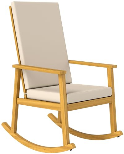 Outsunny Schaukelstuhl aus Akazienholz Schaukelsessel mit hoher Rückenlehne Kissen, Gartenstuhl bis 160 kg Outdoor Relaxstuhl Schwingsessel für Garten Balkon Hof Terrasse 60 x 89 x 107 cm Beige