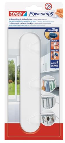 tesa Powerstrips Hakenleiste, weiß - selbstklebender 3er-Haken für Küche und Bad, Kunststoff - Haken-Leiste für Handtücher sowie Bad- und Küchenutensilien - belastbar bis 3 kg