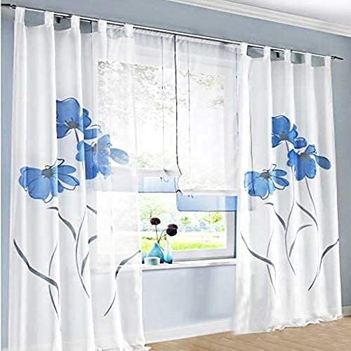 SIMPVALE 2 stücks Gardinenschal Gardine Print Blumen Vorhang für Wohnzimmer Schlafzimmer Schlaufenschal Breit 150cm (Höhe 175cm, Blau)