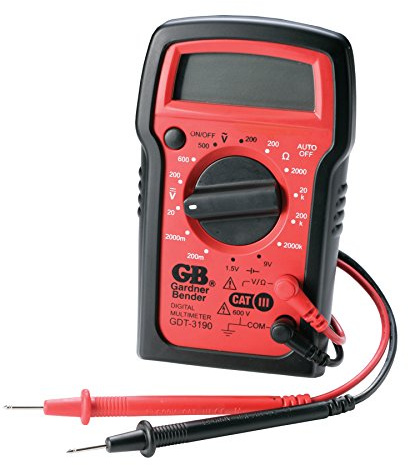 Gardner Bender GDT-3190 Digital Multimeter, 4 Function, 14 Range, Tests AC/DC Voltage, Resistance, and Battery, Manual Ranging, Auto-Off, 1/Each, Red With Black Rubber Boot