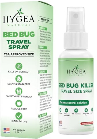Hygea Natural Lice, Mite, and Bed Bug Killer Travel Spray - TSA Approved Size – Child & Pet Friendly – Immediate Results – Stain & Odor Free, for Hotels, Suitcase, Backpack, Shoes, Bed Bug Spray(3oz)