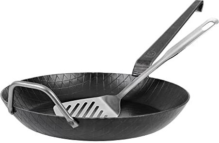 GRÄWE Schmiedeeiserne Bratpfanne Ø 32 cm, hoher Rand, Hakenstiel, Gegengriff, inkl. Pfannenwender