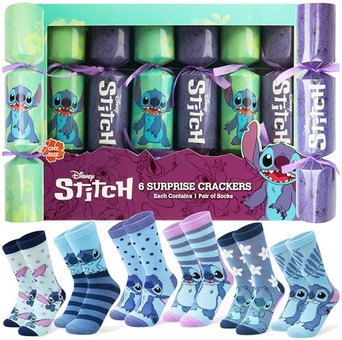 Disney Crackers de Noël Remplis Christmas Crackers Enfant Adulte avec Chaussettes Stitch Mickey Minnie Elsa Spiderman (Vert/Violet Stitch Adult)