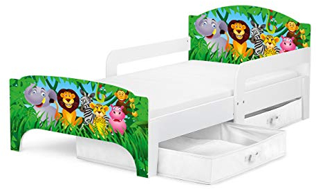 Leomark SMART Kleinkinderbett aus Holz - Tiere - Kinderbett mit Schubladen für Bettwäsche, Einzelbett mit Matratze, Stauraum, Rausfallschutz Lattenrost, Liegefläche 140 x 70 cm, UV-Druck