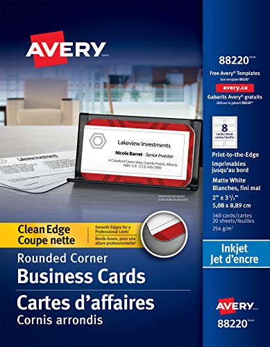 Avery Clean Edge bedruckbare Visitenkarten mit Sure Feed Technologie, abgerundete Ecken, 5,1 x 8,9 cm, weiß, 160 leere Karten für Tintenstrahldrucker (88220)