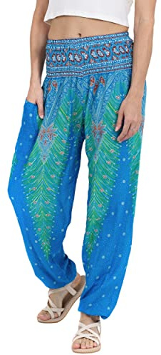 Lofbaz Donna Pavone Stampare Affumicato Vita Harem Boho Pantaloni Azzurro M
