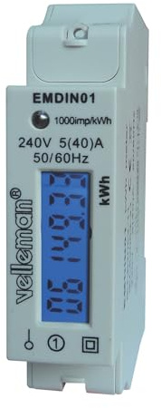 Velleman Stromzähler 1 Phase, 1 Phasen Stromzähler, digitaler Stromzähler Hutschiene, Stromzähler Hutschiene 1 phasig, Zähler für Hutschiene, LCD-Anzeige, LED, max. 40 A