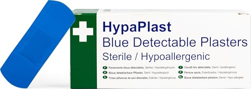 Safety First Aid HypaPlast Pack of 100 Metal Detectable Plasters | 7.2cm x 2.5cm - Blue Sterile and Hypoallergenic Plasters for Catering