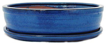 exotenherz - Bonsai-Schale mit Unterteller Gr. 5 - Blau - oval - Modell O7 - L 31cm - B 24cm - H 7,5 cm