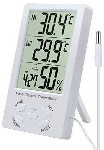 eSynic Hygrometer Thermometer Digital LCD Display Humidity Monitor Portable Indoor Outdoor Temperature Meter Measure Probe Sensor for Weather Stations Office Room Greenhouse Hospital Laboratory etc.