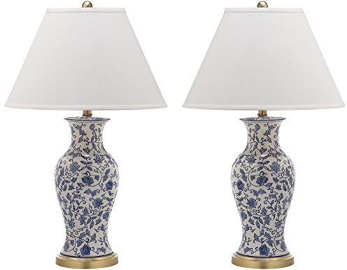 SAFAVIEH Lighting Collection – Beijing Floral Set of 2 Blue & White Ceramic Table Lamps with Antique Gold Accents, 29-Inch Chinoiserie Lamps, LED Bulbs Included (LIT4172A-SET2)