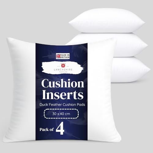 Lancashire Textiles Cushion Pads Generously Filled With Ethically Sourced Duck Feathers Encased In Pure Cambric Cotton Cover 4 Pack 16 x 16 (40cm) - 100% Downproof Cotton Cover - Made in UK