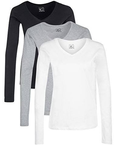 Berydale Chemise avec col V à manches longues 100 % coton, Femmes, Noir/Blanc/Gris (lot de 3), M
