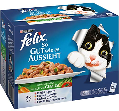 Felix So gut wie es aussieht Fleisch und Fisch Mix mit Gemüse 12 x 100 g Katzenfutter von Purina, 6er Pack (6 x 1.2 kg)