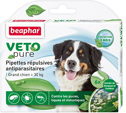 Beaphar – VETOPURE – Pipettes répulsives antiparasitaires pour Grand Chien (>30kg) – Aux extraits de Margosa & de Pyrèthre – Contre Les puces, tiques et moustiques – Protection 3 Mois – 3 pipettes