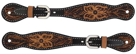 Turquoise Cross Weaver Equine Ladies Floral Tooled Womens Spur Straps, Genuine Cowhide Boot Straps for Cowboy Boots, Western Spur Straps for Horse Riding, Light Oil
