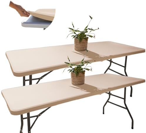 Glop - Lot de 2 Nappes Table Pliante 180 cm Champagne Beige, Housses Ajustées (183x76), Tissu Spandex Déperlant pour Noël, Fête & Décoration Chic