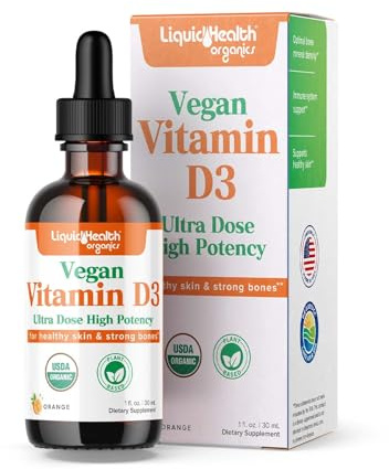LIQUIDHEALTH Vitamin D3 4000 IU, USDA Organic Vitamin D Liquid Drops for Adults & Kids, Vegan Vitamin D for Immune System Support, Bone Health, Mood Support, Healthy Skin - Made in USA (2 oz)