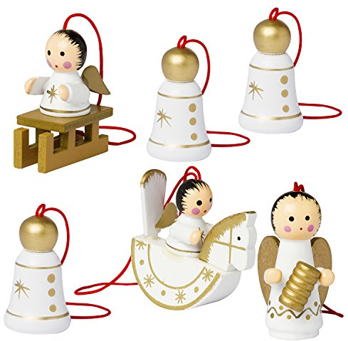BRUBAKER 6-teiliges Set Christbaum Anhänger Engel und Weihnachtsglocken - Natürlicher Holz-Baumschmuck handbemalt für den Weihnachtsbaum - Weihnachtsanhänger