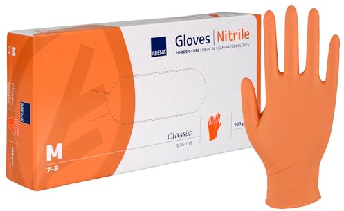 ABENA Orange Disposable Nitrile Gloves, Medium, Pack of 100, Powder Free, Latex Free, Examination Gloves for Cleaning, Food Prep, Beauty, Medical & Hygiene, Strong Single Use Protective Gloves