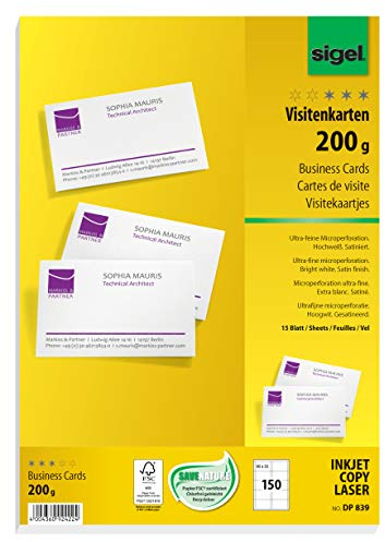 SIGEL DP839 bedruckbare Visitenkarten hochweiß, 150 Stück (15 Blatt), 85x55 mm, beidseitig bedruckbar und satiniert, 200 g, aus nachhaltigem Papier