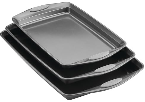 Rachael Ray Nonstick Bakeware Set with Grips, Nonstick Cookie Sheets / Baking Sheets - 3 Piece, Gray with Sea Salt Gray Grips