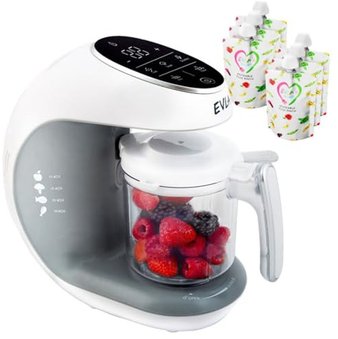 EVLA'S Máquina de alimentos para bebés, vaporizadora, licuadora, procesador de alimentos para bebés caseros saludables en minutos, pantalla táctil con 6 bolsas reutilizables para alimentos, esencial