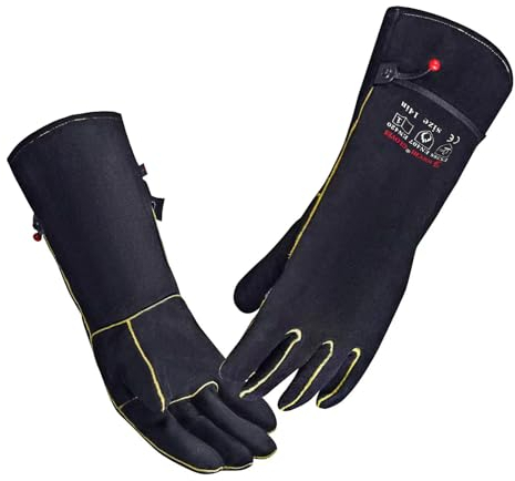 AOUCHI gants de soudage pour barbecue en cuir de vache, coutures Kevlar, gants ignifuges et résistants à la chaleur à manches longues pour barbecue, incendie, cheminée, four, cuisson, cuisinière 35CM