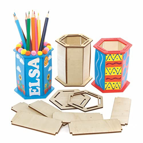 Baker Ross FE522 Hexagon Wooden Pencil Pot Kits - Pack of 3, Pen Holder, Paint Your Own Pencil Holder, Wooden Crafts for Children