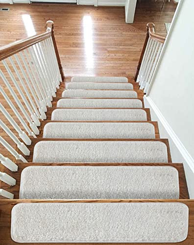 emmahome New Shiny Pile Carpet Stair Treads NON-SLIP MACHINE WASHABLE Mats/Rugs, 20mm Thickness, Indoor 22x67cm, (White, 13)