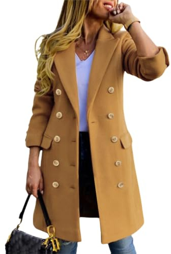 IDEALSANXUN Cappotti da donna Autunno Inverno Lana Doppiopetto Midi Peacoat Trench Cappotti, Cammello, X-Small