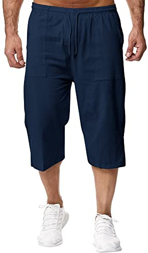 Remxi Short 3/4 en Lin pour Homme - Coupe Ample - Pantalon Cargo d'été décontracté Bleu Marine XL