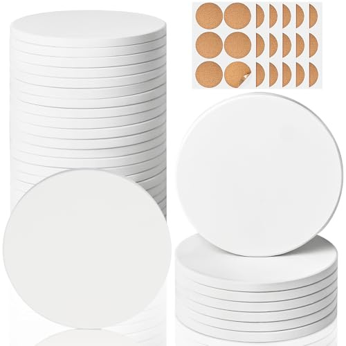 Ceramic Tiles for Crafts, GOH DODD 36 Pack Unglazed Blank Coasters with Cork Backing for Alcohol Ink Painting Acrylic Pouring Art Projects Housewarming Gifts Wedding School Education, Round, 4 Inch