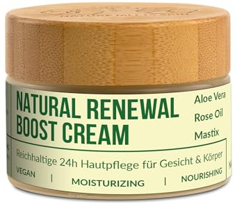 Natural Renewal Boost Cream - 50 ml - Naturkosmetik Hautcreme ohne Chemie - Reichhaltig - Gesicht & Körper - Tag & Nacht - Aloe Vera, Rosenöl & Mastix - Nature Meets Skin x 360Naturalis®