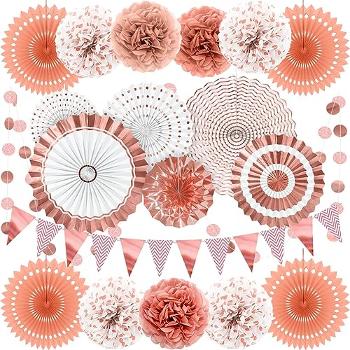 Reusable Rose Gold Party Decorations for Birthday Parties, Weddding Decor 19pcs Hanging Paper Fans, Pom Poms Flowers, Garlands String Polka Dot and Triangle Bunting Flags by Wonsta