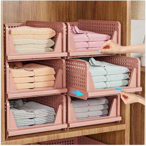 SNSLXH 5 Pack Stackable Closet Storage Boxes, Multifunctional & Foldable Closet Organizer for Bathroom Kitchen Laundry Room Wardrobe Storage, Space-Saving Wardrobe Storage Drawer Organizer, Pink