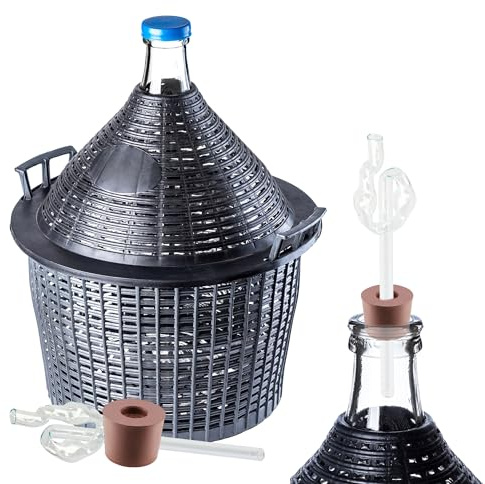 KADAX Glasballongset 54 l, jäsballong med plastkorg och jästillbehör, gummipluggar, jäsrör, smal öppning, vinballong, flaska, glasflaska (glas jäsrör + avdragare)