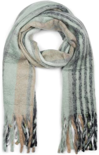 styleBREAKER Damen Web Strickschal mit Streifen Muster und langen dicken Fransen, warmer Winter Schal mehrfarbig 01017157, Farbe:Lindgrün-Schwarz-Beige