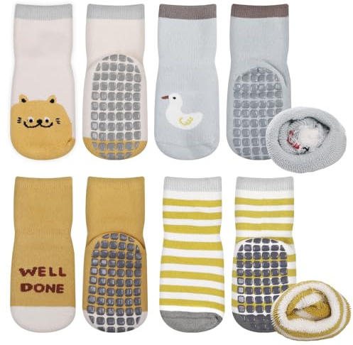 Simpeak 4 Paia Calzini Antiscivolo Bambino Cotone Bimbi Bambini, Invernali Addensare Neonato Calze para 0-1 Anni Bambino,Orso Lettera Anatra Bianca a Strisce, M