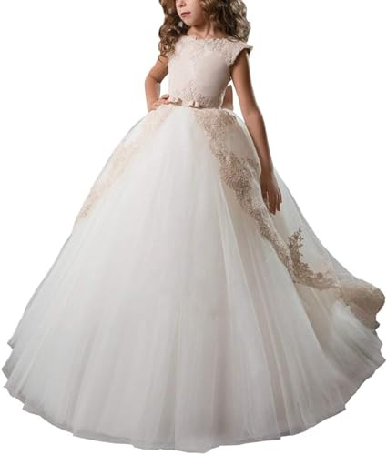 PLWEDDING Vestido Elegante de Flores para Niña de Largo Encaje con Capa de Volantes para Fiestas de Boda, champán, 8-9 años